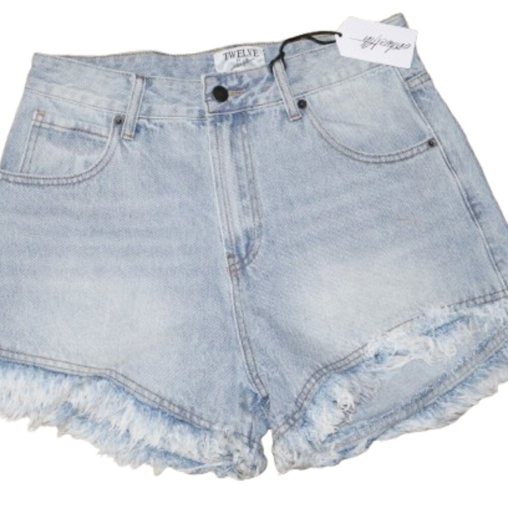 On Twelfth Frayed Hem Denim Shorts High Rise Size 28